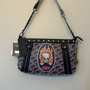 Ed Hardy Flaming Skull Crossbody Bag - Black and Pink